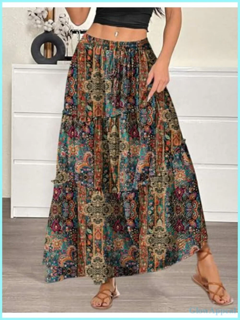 Boho Floral Maxi Skirt High Waist A-Line Long Flowy Skirt with Pockets